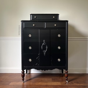 Black Lacquer Tall Dresser: Antique Brass Hardware & Turned Legs