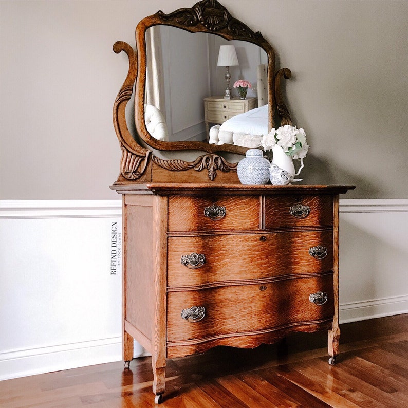SOLD Antique Tiger Oak Dresser with Beveled Mirror Victorian Etsy