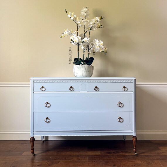 SOLD! Federal Style Blue Dresser: Brass Ring Pulls, Upward Lacquer  Finish-Ready to ship