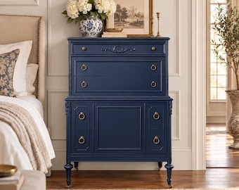 Antique Navy Blue Tall Dresser, Vintage Chest of Drawers, Blue Bedroom Dresser
