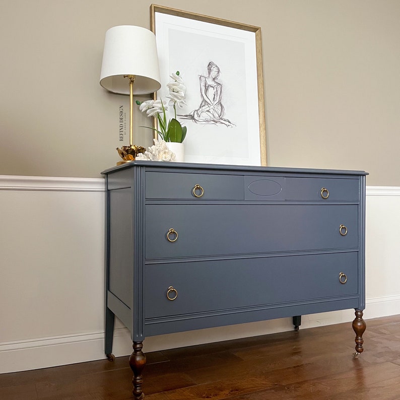 SOLD Antique Dresser, Modern Navy Entryway Console, Traditional Bedroom Storage image 4