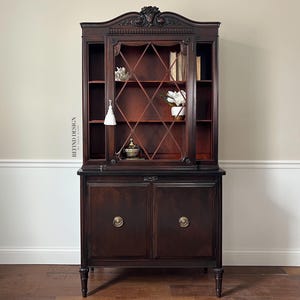 Antique Victorian China Cabinet – Worn Black Gloss Lacquer – Original Brass Hardware – Ready to Ship