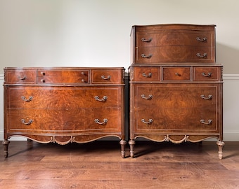 Antique Burl Walnut Dresser Set | Highboy & Lowboy | Natural Lacquer Finish