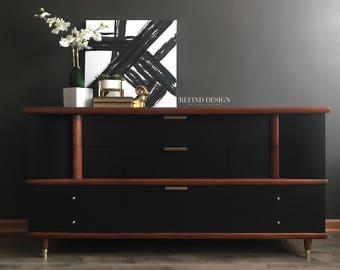 SOLD-Kroehler Mid Century Modern Dresser, Black and Wood Credenza, MCM Buffet, Classic, Bedroom Storage, Entertainment Console, Dining Roo