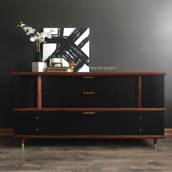 SOLD-Kroehler Mid Century Modern Dresser, Black and Wood Credenza, MCM Buffet, Classic, Bedroom Storage, Entertainment Console, Dining Roo