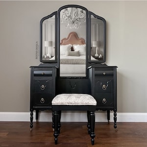 SOLD 1920’s Antique Vanity with Mirror and Stool, Dressing Table