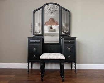 SOLD 1920’s Antique Vanity with Mirror and Stool, Dressing Table