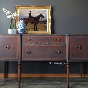 SOLD, 1930's Victorian Buffet, Gray Modern Sideboard, Traditional Dining Room Storage, Solid Wood Cabinet, Chalk Painted, Credenza image 1