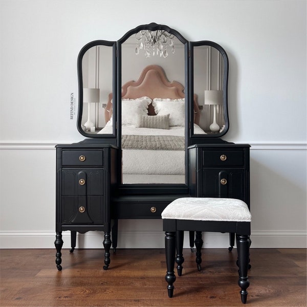 1920’s Antique Vanity with Mirror and Stool, Dressing Table