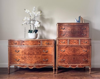 Antique Burl Walnut Dresser Set | Highboy & Lowboy | Natural Lacquer Finish