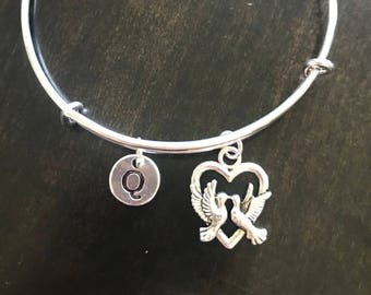 Bird Initial Bracelet, hand stamped Initial Bracelet, bird heart Bangle, bird Bracelet, gift for nature lovers, NB6