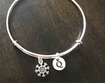 snowflake initial bracelet , snowflake bracelet, Jewelry, Silver Jewelry, snowflake charm bracelet, christmas jewelry CM16