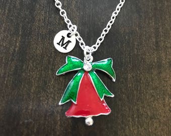 christmas bell initial necklace , christmas bell necklace, Jewelry, Silver Jewelry, enamel charm chain, christmas jewelry
