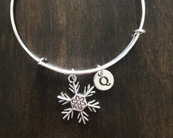 snowflake initial bracelet , snowflake bracelet, Jewelry, Silver Jewelry, snowflake charm bracelet, christmas jewelry CM10