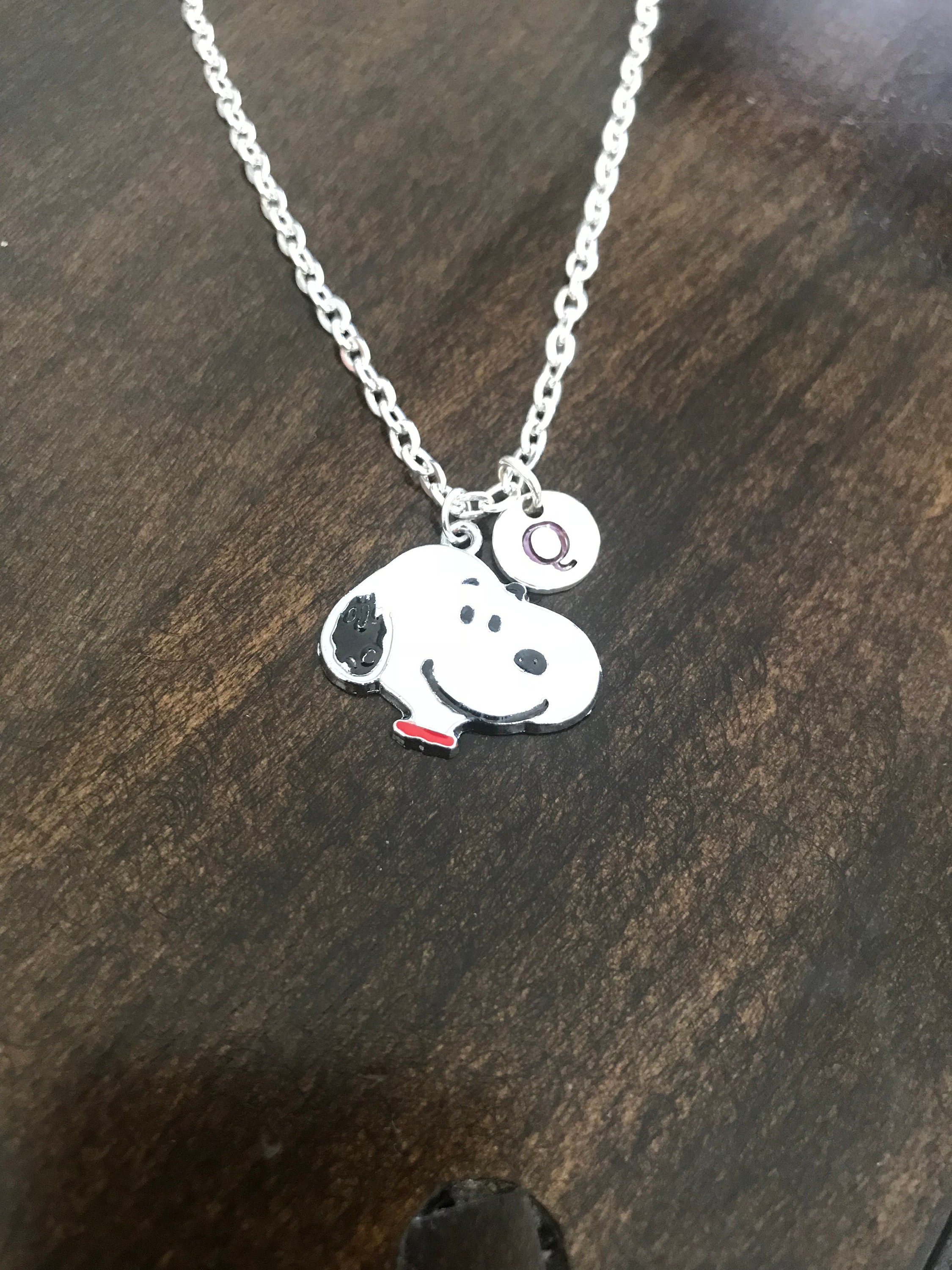 Snoopy Initial Necklace , Snoopy Necklace, Jewelry, Silver Jewelry