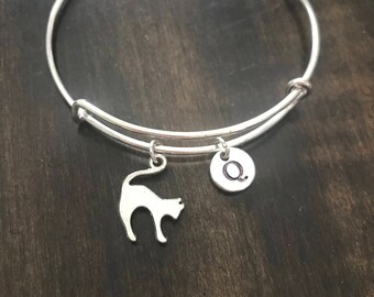 cat initial Bracelet, cat Bracelet Bangle, kitten Charm, cat lover Charm Bracelet Cp154