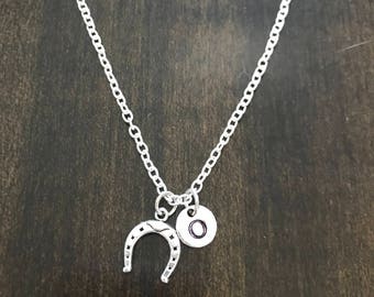 horse shoe initial necklace , horse shoe necklace, Jewelry, Silver Jewelry, horse shoe jewelry , good luck jewelry CN46