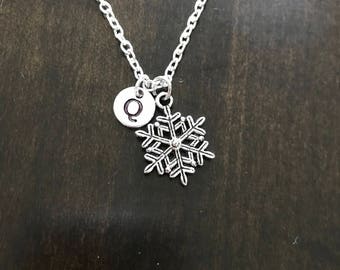 snowflake initial necklace , snowflake necklace, Jewelry, Silver Jewelry, christmas jewelry BA15
