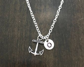 anchor  initial necklace , anchor necklace, Jewelry, Silver Jewelry, charm chain CN52