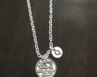 Libra initial necklace ,Jewelry, Silver Jewelry, Libra jewelry, horoscope Libra, HM