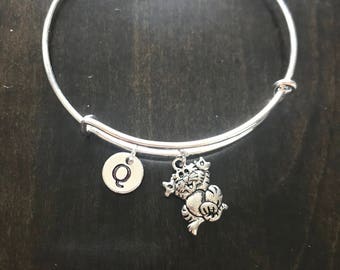 playful cat initial Bracelet, cat Bracelet Bangle, kitten Charm, cat lover Charm Bracelet CC11