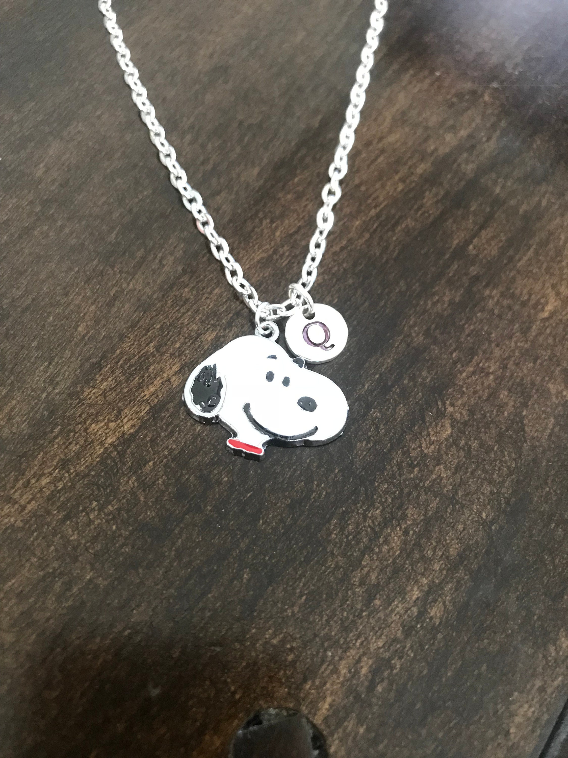 snoopy initial necklace snoopy necklace Jewelry Silver Jewelry enamel charm chain EA8