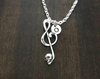 Treble Clef initial necklace , treble clef with skull necklace, Jewelry, Silver Jewelry,gift for musician CP187