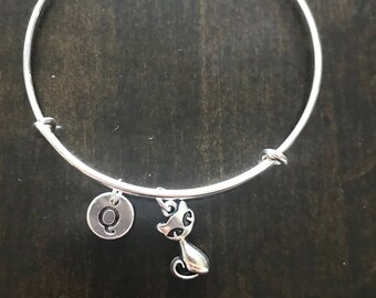 cat initial Bracelet, cat Bracelet Bangle, kitten Charm, cat lover Charm Bracelet CC2