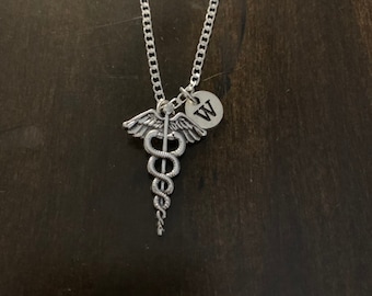 Caduceus necklace, Caduceus necklace, Jewelry, Silver Jewelry, charm chain AG26