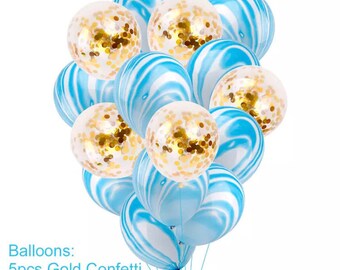 ready to ship blue marble and gold confetti balloon, gold confetti balloon,  12" balloon, 15 pcs balloon,