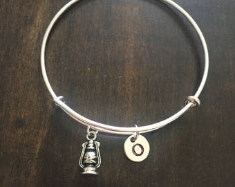 Camping lantern initial bracelet, old fashioned lantern, lantern bracelet, silver lantern, camping bracelet, gift for campers CP125