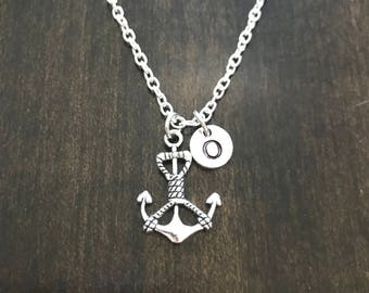 anchor  initial necklace , anchor necklace, Jewelry, Silver Jewelry, charm chain CN57