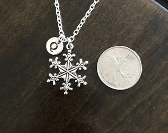 snowflake initial necklace , snowflake necklace, Jewelry, Silver Jewelry, enamel charm chain, christmas jewelry BA4