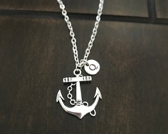 anchor  initial necklace , anchor necklace, Jewelry, Silver Jewelry, charm chain EA54