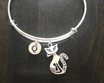 cat initial Bracelet, cat Bracelet Bangle, kitten Charm, cat lover Charm Bracelet CC9