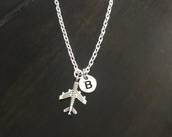 aeroplane initial charm necklace , aircraft charm necklace, gift for pilot, custom jewelry AD6