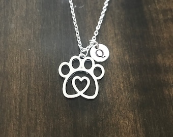 dog paw initial necklace , dog paw necklace, Jewelry, Silver Jewelry, dog paw charm chain DP3