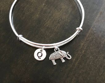 elephant Initial Bracelet, elephant jewelry, animal lovers gift,elephant  BA17