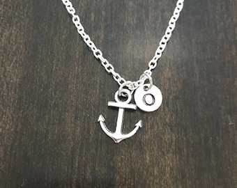 anchor  initial necklace , anchor necklace, Jewelry, Silver Jewelry, charm chain CN51