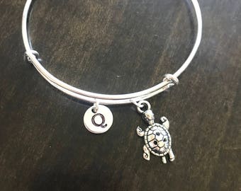 turtle initial Bracelet, turtle Jewelry, turtle Charm Bracelet, turtle Bangle SW33