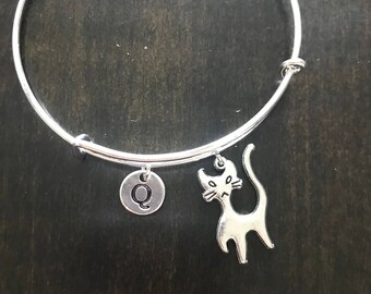 cat initial Bracelet, cat Bracelet Bangle, kitten Charm, cat lover Charm Bracelet CC7