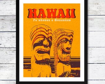 Vintage Tiki Guardians Aloha Poster, Big Island Hawaii, Beach Art, Vacation, Travel Poster, Home Decor, Wall Art