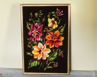Vintage French Needlepoint Tapestry, Framed Floral Wall Art