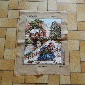 Snow Scene, winter snow, wall tapestry, Vintage French, needlepoint canvas, wall hanging, tapestries, seg, Completed canvas, countryside,