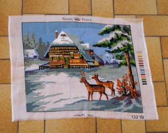 Woodland, woodland art, woodland animals, deer art, vintage canvas, wall tapestry, Vintage French, Needlepoint canvas, tapestry, snow scene,