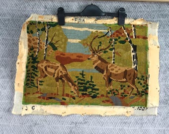 Woodland scene vintage canvases, Stag and deer Scene Wall Tapestry, Vintage French Needlepoint canvas, Hanging Tapestries, home decoration