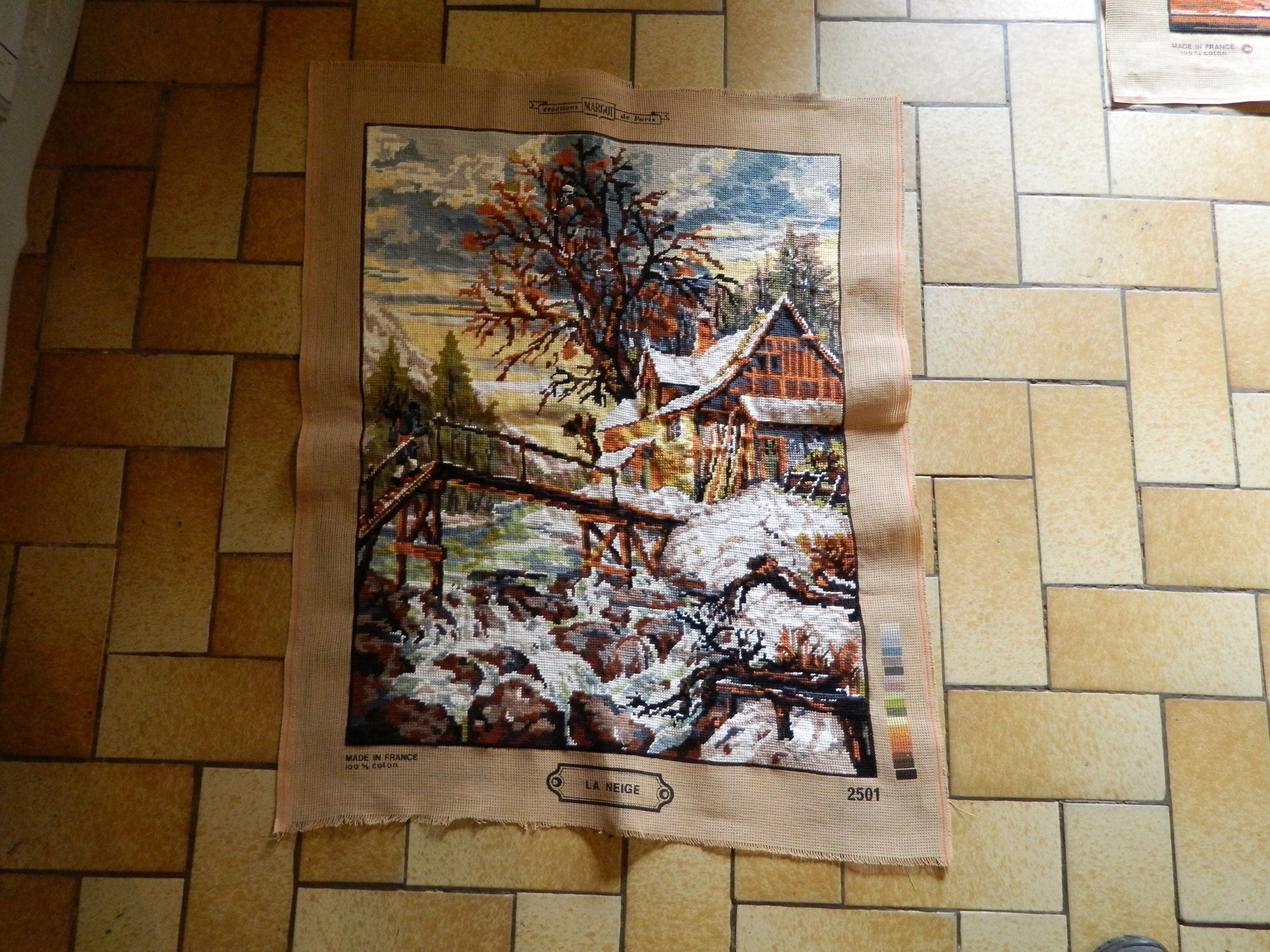 Scène de Neige, Neige d'hiver, Tapisserie Murale, Vintage Français, Toile à L'aiguille, Tenture Tapi