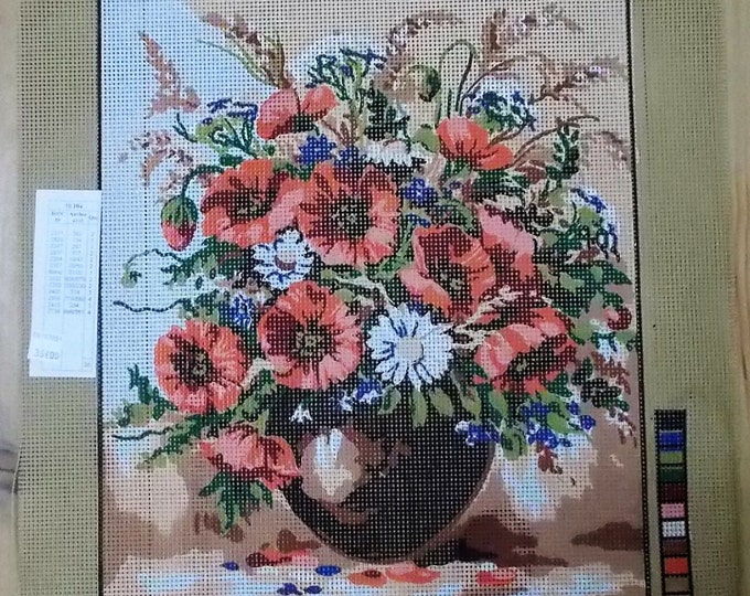 Red Flowers in a Vase, New Canvas, Needlepoint, Made in France