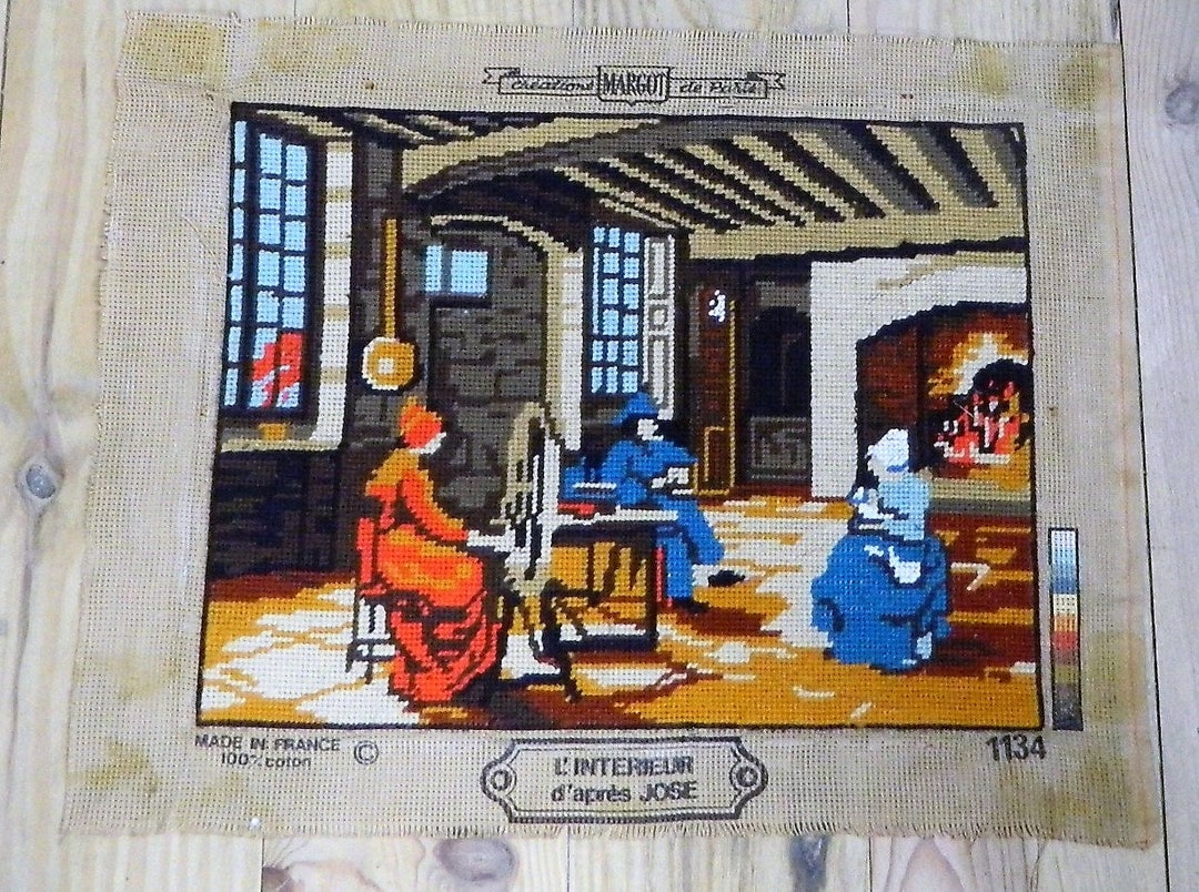 Vintage French Needlepoint Canvas, Tapestry Wall Hanging, Tapestries Made in France, Completed