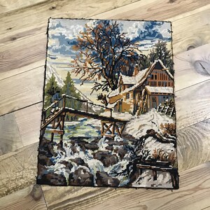 Snow Scene, winter snow, wall tapestry, Vintage French, needlepoint canvas, wall hanging, tapestries, seg, Completed canvas, countryside,